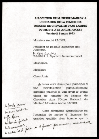 Remise des insignes de l'ordre du mérite à André Packet. (Lille)