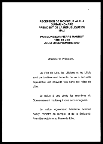 Réception de Alpha Oumar Konaré, Président de la république du Mali. (Lille)