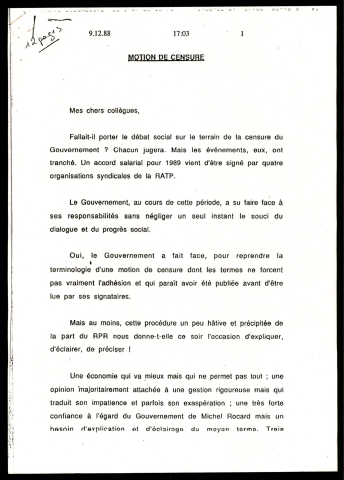 Débat à l'Assemblée Nationale sur la motion du Censure. (Paris)