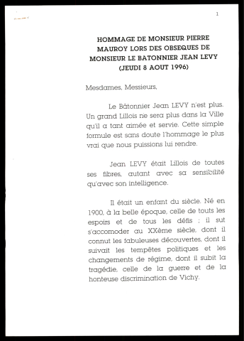 Obsèques du bâtonnier Jean Levy. (Lille)