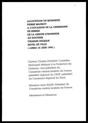 Remise de la Légion d'Honneur au Docteur Charles Sulman. (Lille)