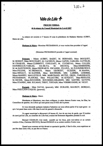 Conseil municipal du 2 avril 2007.