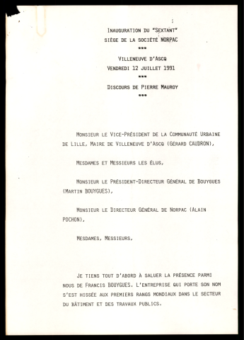 Inauguration de la Société NORPAR. (Lille)