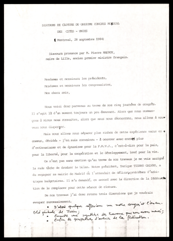 11ème congrès mondial des cités unies. (Montréal - Canada)