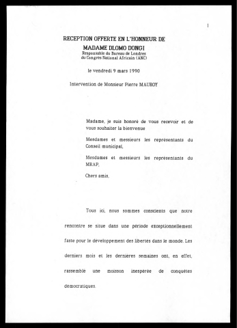 Réception offerte en l'Honneur de Madame Dlomo Dongi. (Lille)