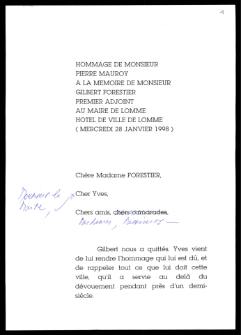 Hommage à la mémoire de Gilbert Forestier, premier adjoint au maire de Lomme. (Lille)