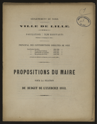 Proposition du maire pour le budget 1853.