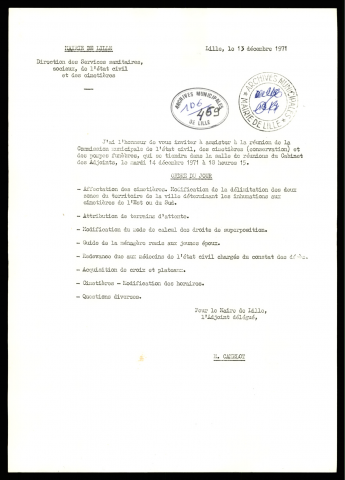 Commission municipale de l'état civil, des cimetières (conservation) et des pompes funèbres.