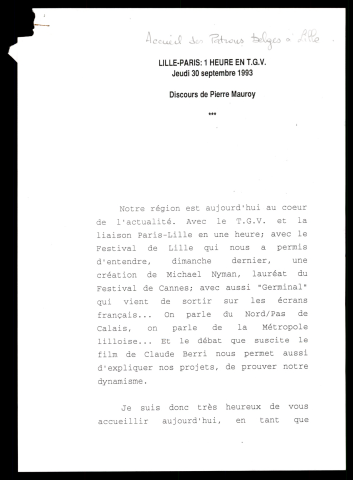 Accueil des patrons belges à Lille. (Lille)