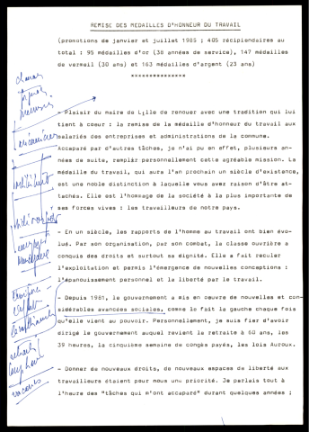 Cérémonie officielle de remise de diplôme de la médaille d'honneur du travail. (Lille)