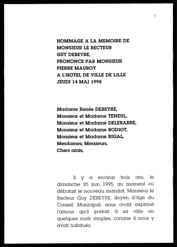 Hommage à la mémoire du recteur Guy Debeyre. (Lille)