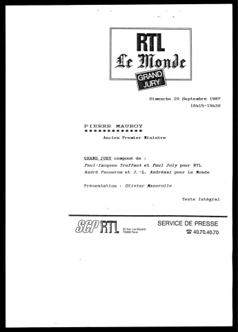 Participation à l'émission Grand jury avec RTL et Le Monde. (Paris)