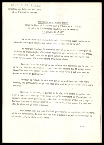 Conférence de Pierre Mauroy à l'Opéra de Lille dans le cadre de l'Université Populaire sur le thème "La Qualité de vie".