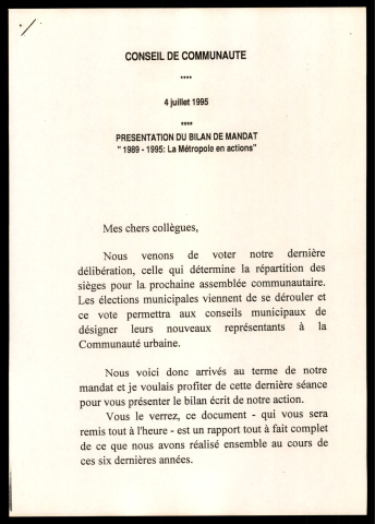 Conseil de communauté : présentation du bilan de mandat 1989-1995 La métropole en actions. (Lille)