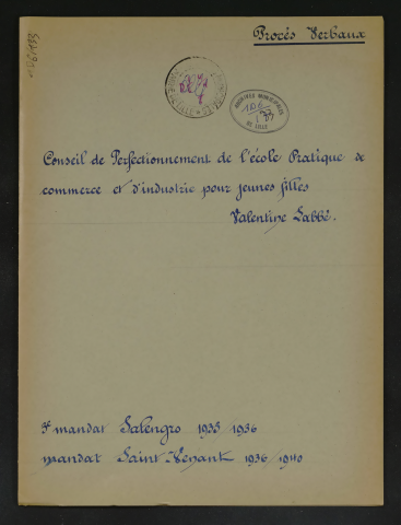 Conseil de perfectionnement de l'école pratique de commerce et d'industrie pour jeunes filles Valentine Labbé.