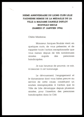 30ème anniversaire du Lions Club de Lille-Faidherbe et remise de la médaille d'or de la ville à Danièle Duflot. (Lille)