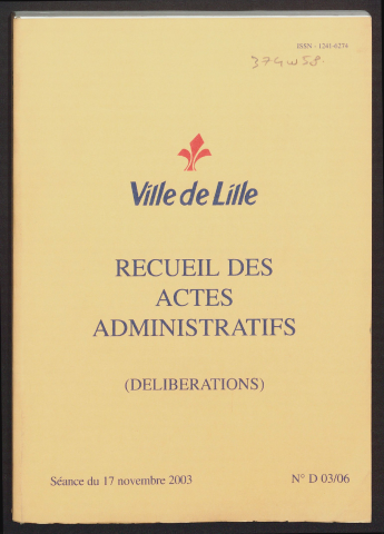 Délibérations, séance du 17 novembre 2003.