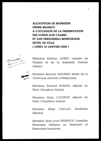Présentation des vœux aux cadres et personnels municipaux. (Lille)