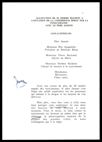 Conférence débat sur la toxicomanie avec le père Jaouen. (Lille)