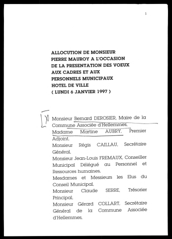 Présentation des vœux aux cadres et au personnel municipaux. (Lille)
