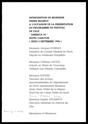 Présentation du Festival de Lille "America 96". (Lille)