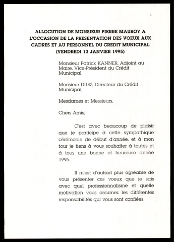 Vœux aux cadres et personnel du crédit municipal. (Lille)