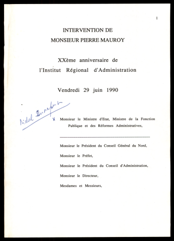 Vingtième anniversaire de l'Institut Régional d'Administration (IRA) en présence de Michel Durafour. (Lille)