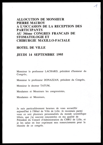 Réception des participants au 34ème congrès français de stomatologie et chirurgie maxillo-faciale. (Lille)