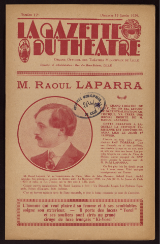 La gazette du théâtre, organe officiel des théâtres municipaux de Lille, n° 17, 13/01/1929.