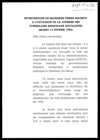 Journée des conseillers régionaux socialistes. (Lille)