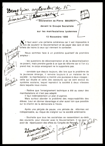 Déclaration au sujet de la crise lycéenne. (Lille)